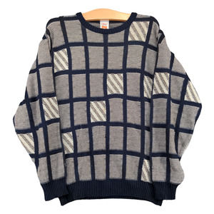 St. Michael Men's Pullover Knit Sweater Multi 36 Check Crew Neck Ribbed Trim